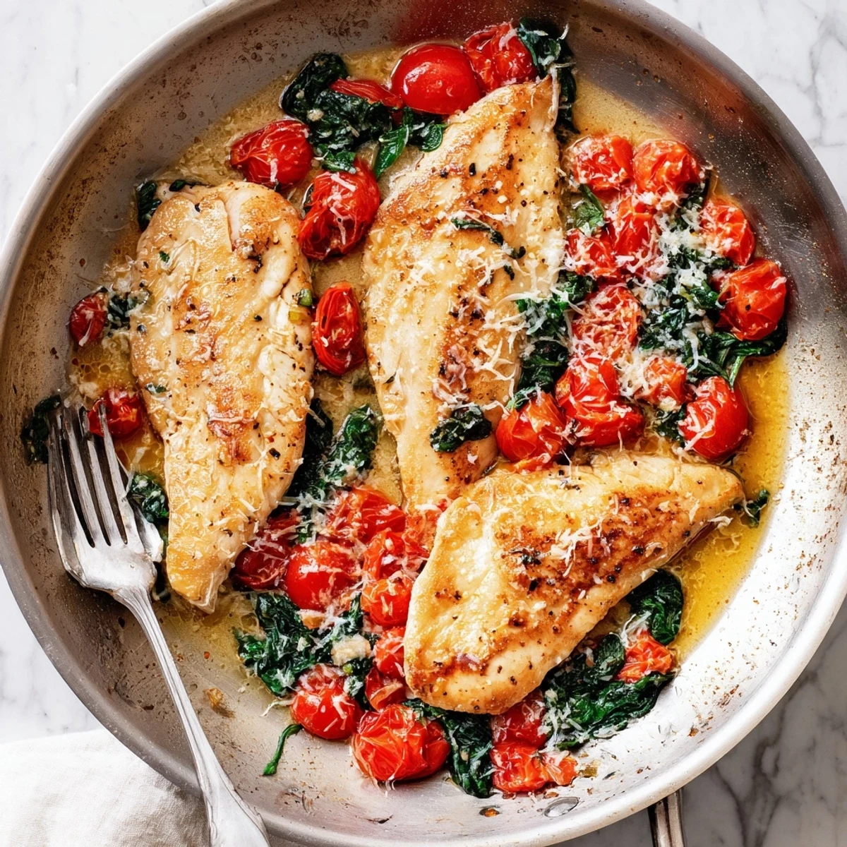 Easy one-skillet chicken dinner featuring garlic-infused tomatoes, wilted fresh spinach, and golden brown poultry