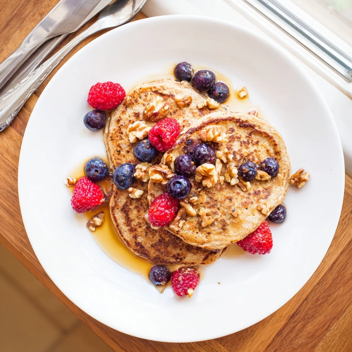 Golden stack of fluffy protein banana pancakes topped with fresh berries and maple syrup