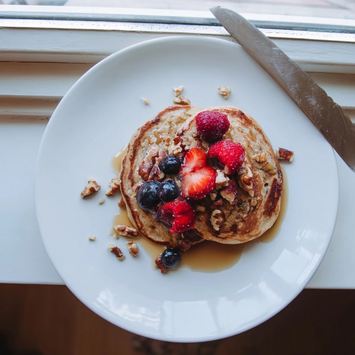 Healthy breakfast stack showing protein banana pancakes with sliced banana and walnuts on plate