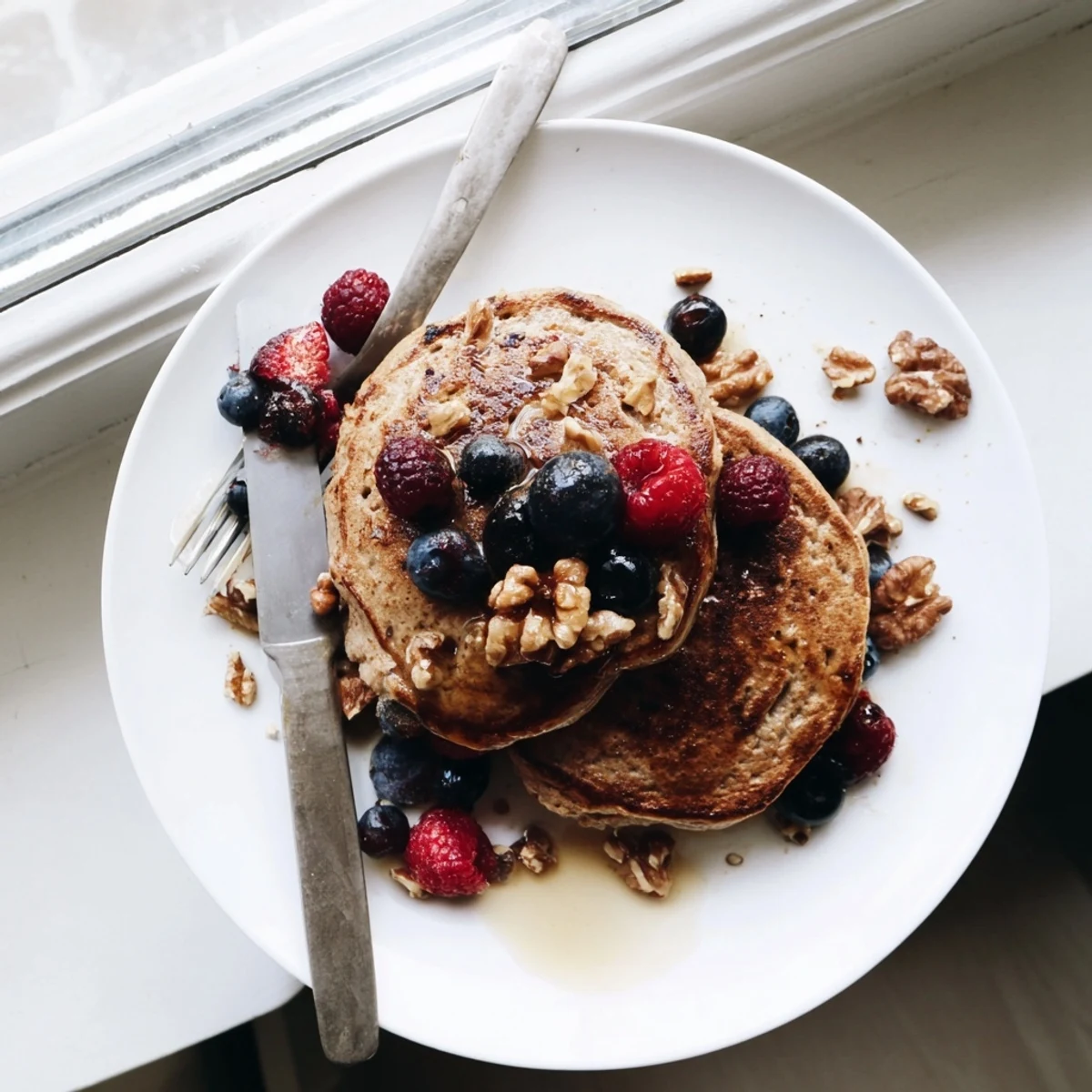 Close-up of fluffy protein banana pancakes cooking on griddle with bubbles forming on surface
