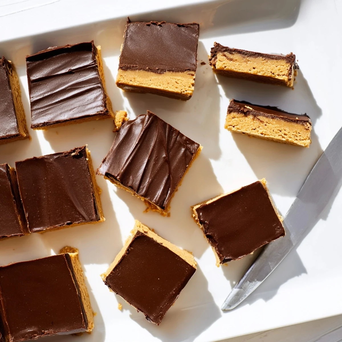 Golden no-bake peanut butter bars layered with glossy melted chocolate topping on a white serving plate