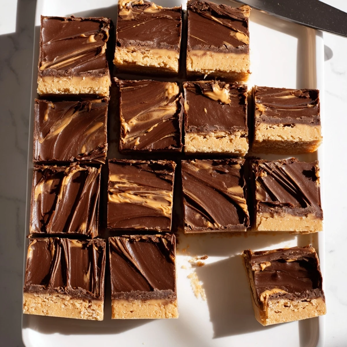 Homemade peanut butter bars with decadent chocolate ganache topping, served chilled on decorative platter