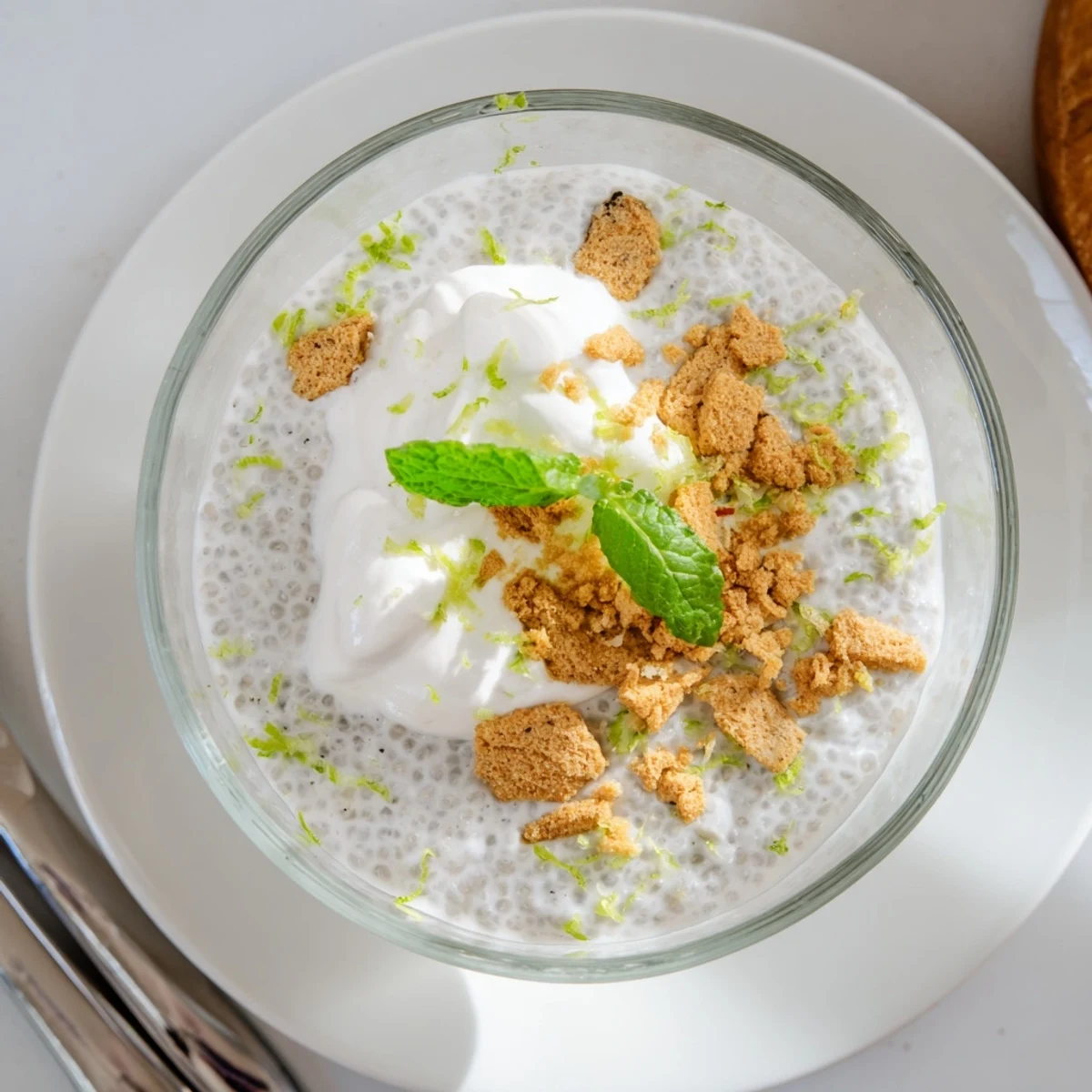 Creamy Key lime chia pudding topped with fresh lime zest and coconut yogurt in glass jars