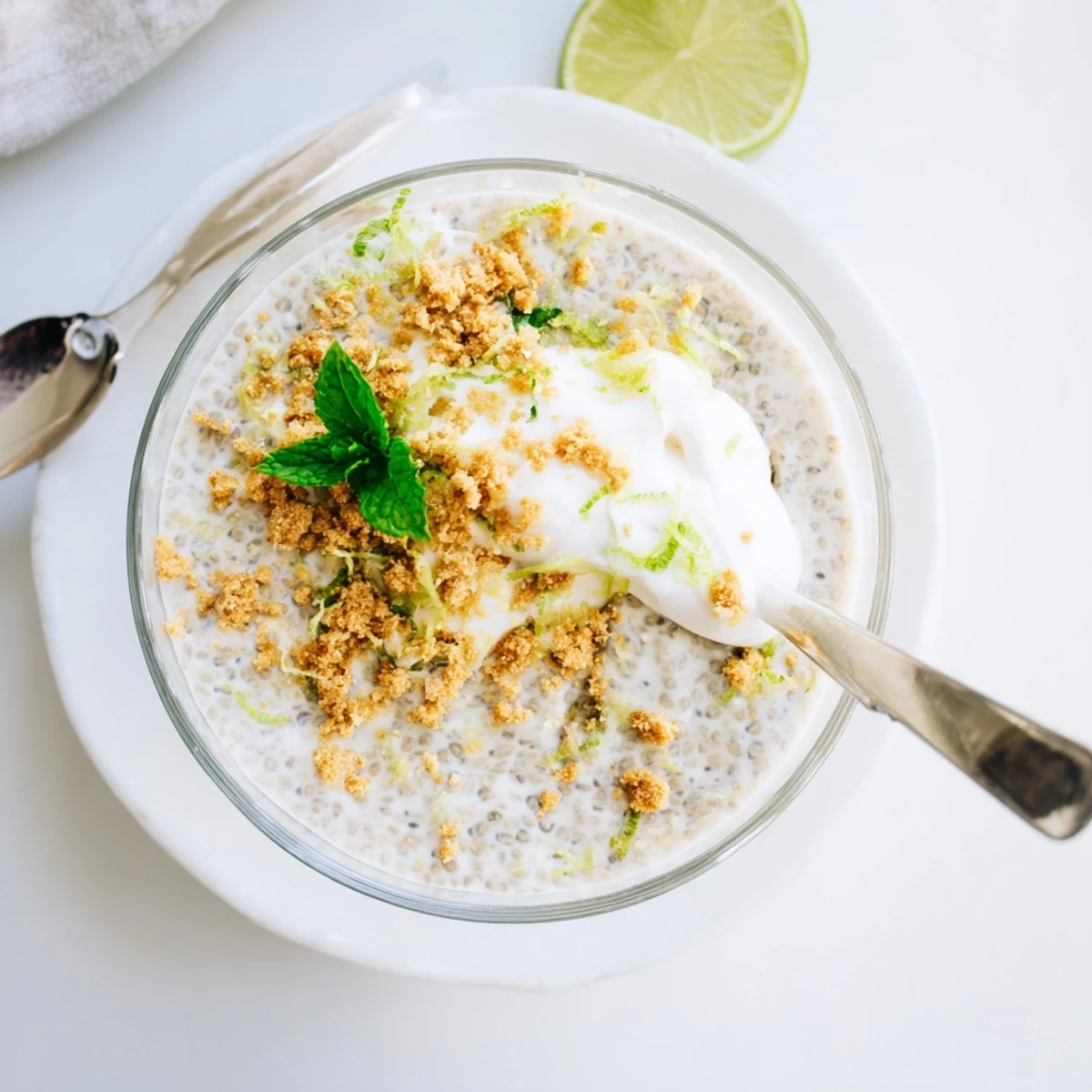 Vegan Key lime chia pudding garnished with crushed graham crackers and mint leaves on wooden board