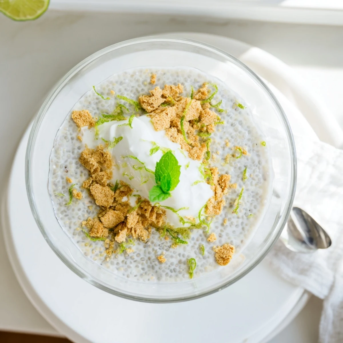 Tangy Key lime chia pudding layered with coconut yogurt and sprinkled with green lime zest