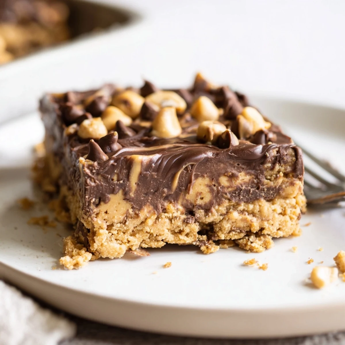 Chewy Peanut Butter Bars stacked on parchment, sprinkled with chopped roasted peanuts