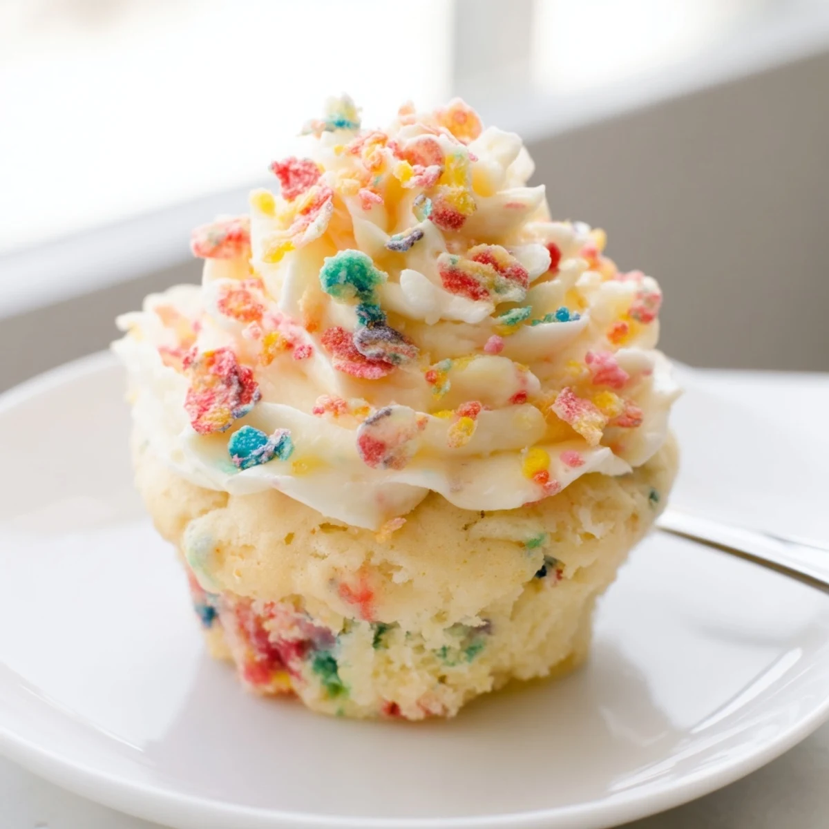 Fruity Pebbles Cereal Frosting piped onto vanilla cupcakes, colorful crunchy garnish