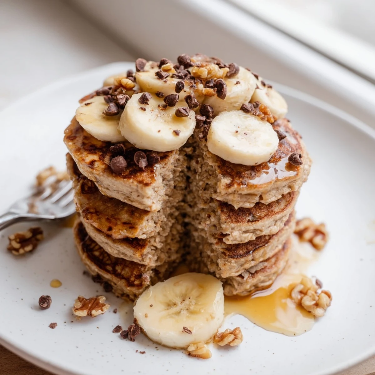 Stack of Protein Banana Pancakes steaming, cinnamon aroma, drizzled maple syrup