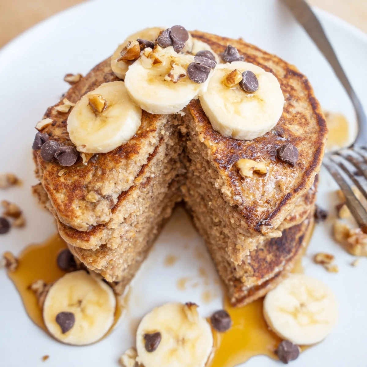 Protein Banana Pancakes with chocolate chips, slightly crisp edges, perfect post-workout