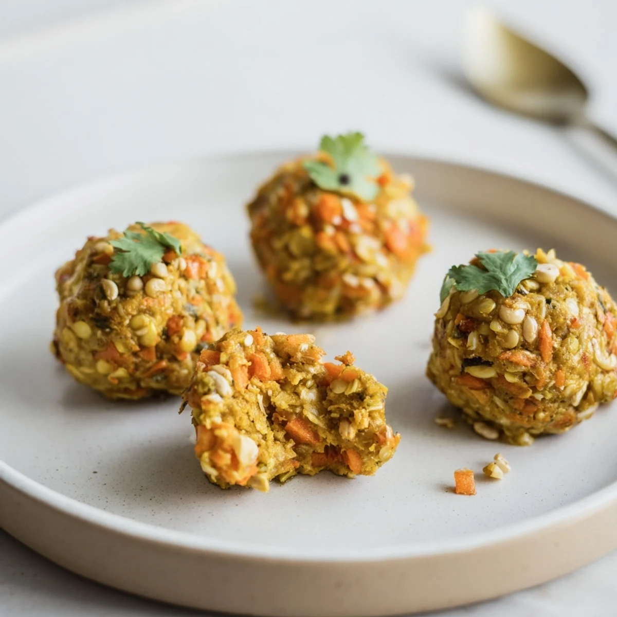 Warm Carrot And Chickpea Balls In Coconut Curry Sauce, creamy, spiced, spoon ready  