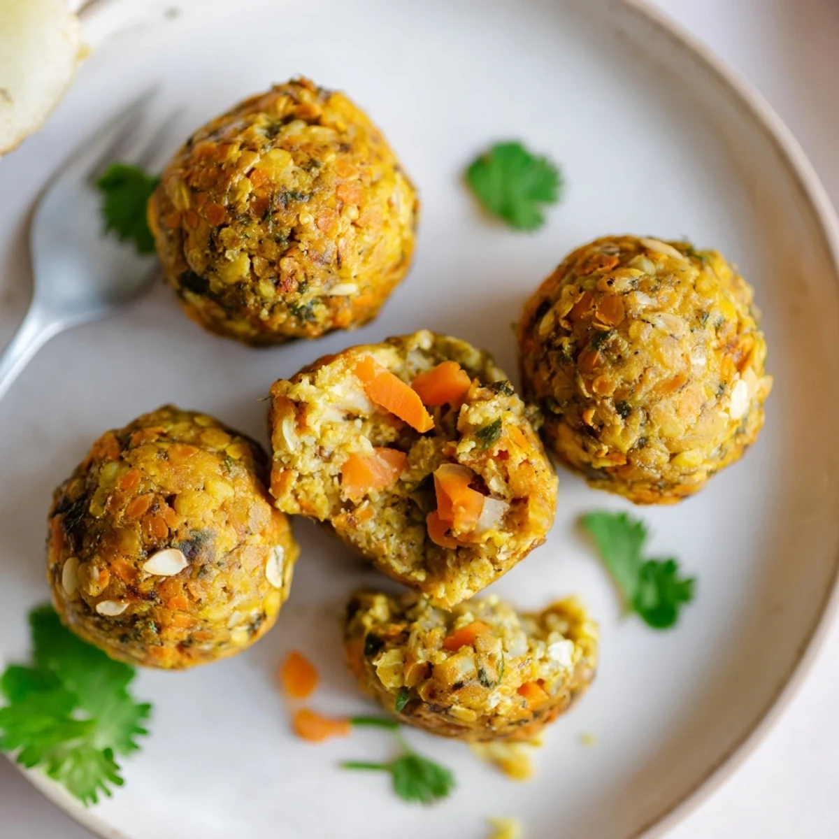 Carrot And Chickpea Balls In Coconut Curry Sauce garnished with cilantro, served alongside quinoa