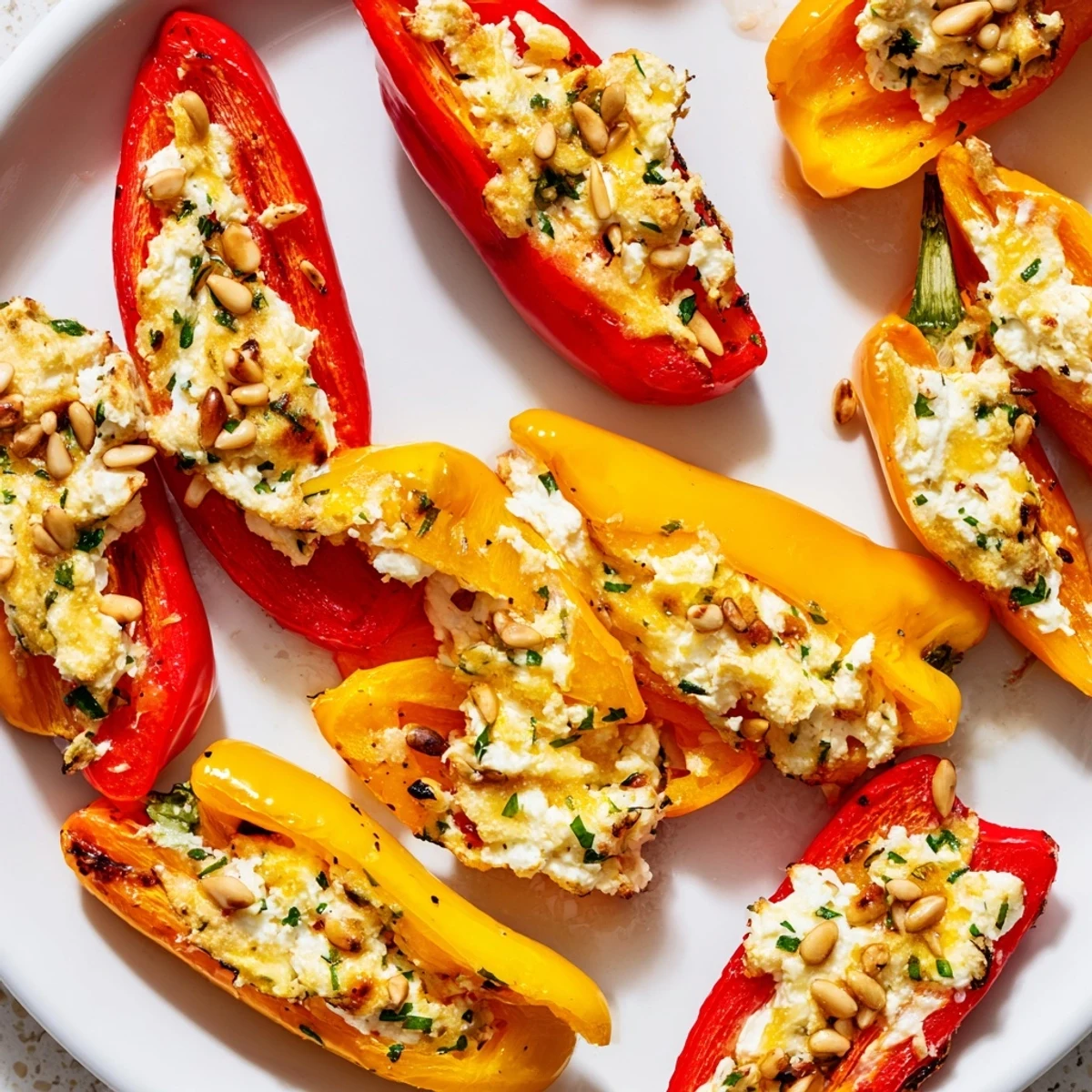 Roasted goat cheese stuffed mini peppers arranged on a rustic parchment-lined baking sheet