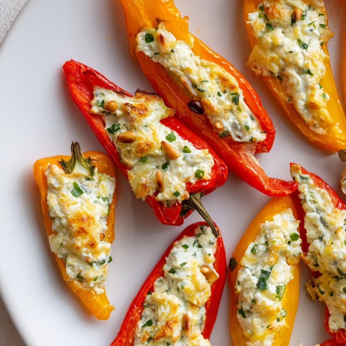 Golden roasted goat cheese stuffed mini peppers topped with toasted pine nuts and fresh herbs