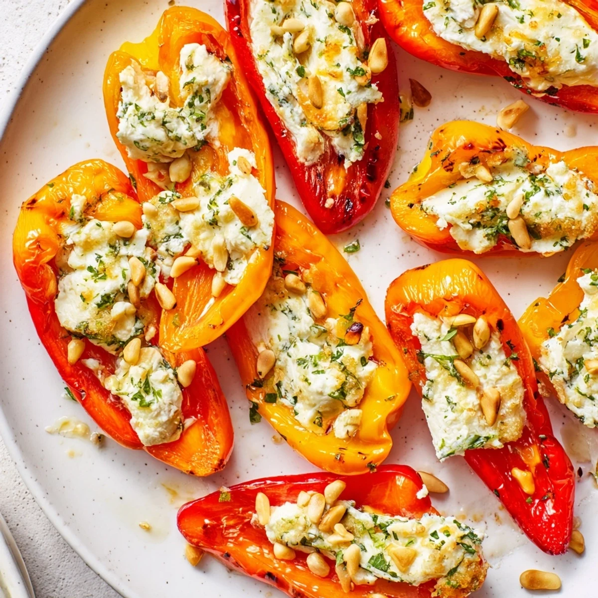 Creamy roasted goat cheese stuffed mini peppers served warm on a white appetizer platter