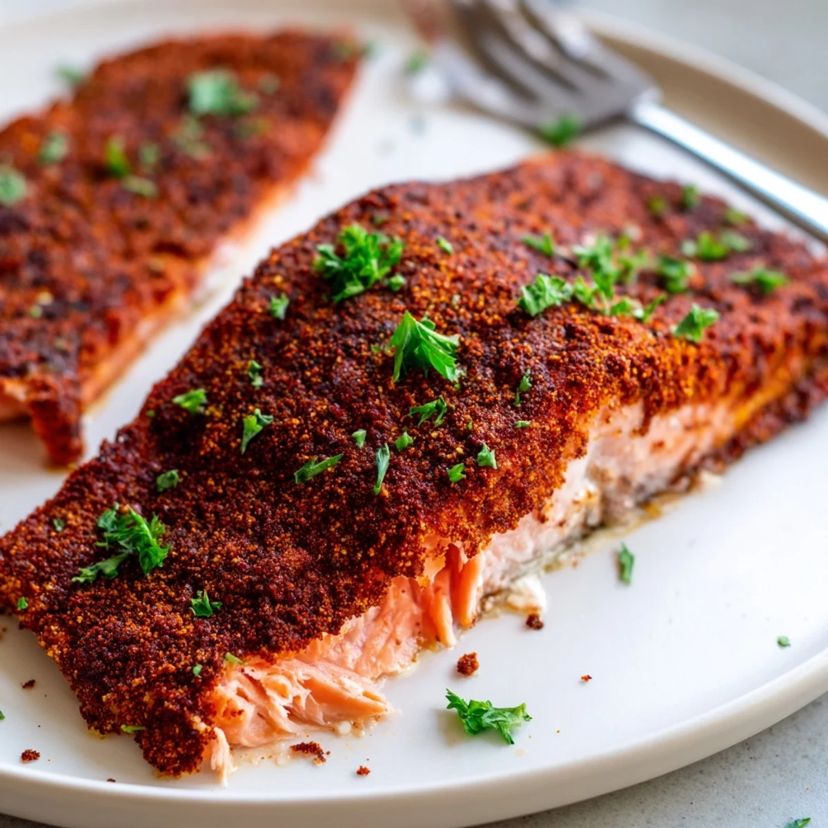 Golden oven baked Cajun salmon fillets coated in spicy seasoning on a parchment-lined baking sheet