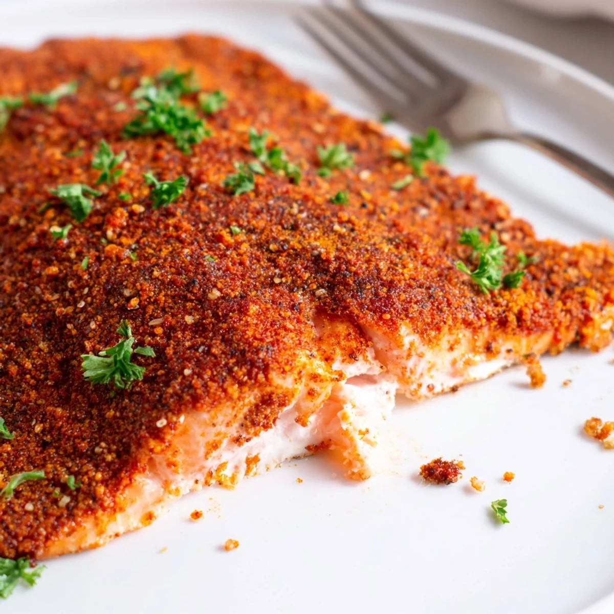Juicy oven baked Cajun salmon garnished with fresh parsley and bright lemon wedges