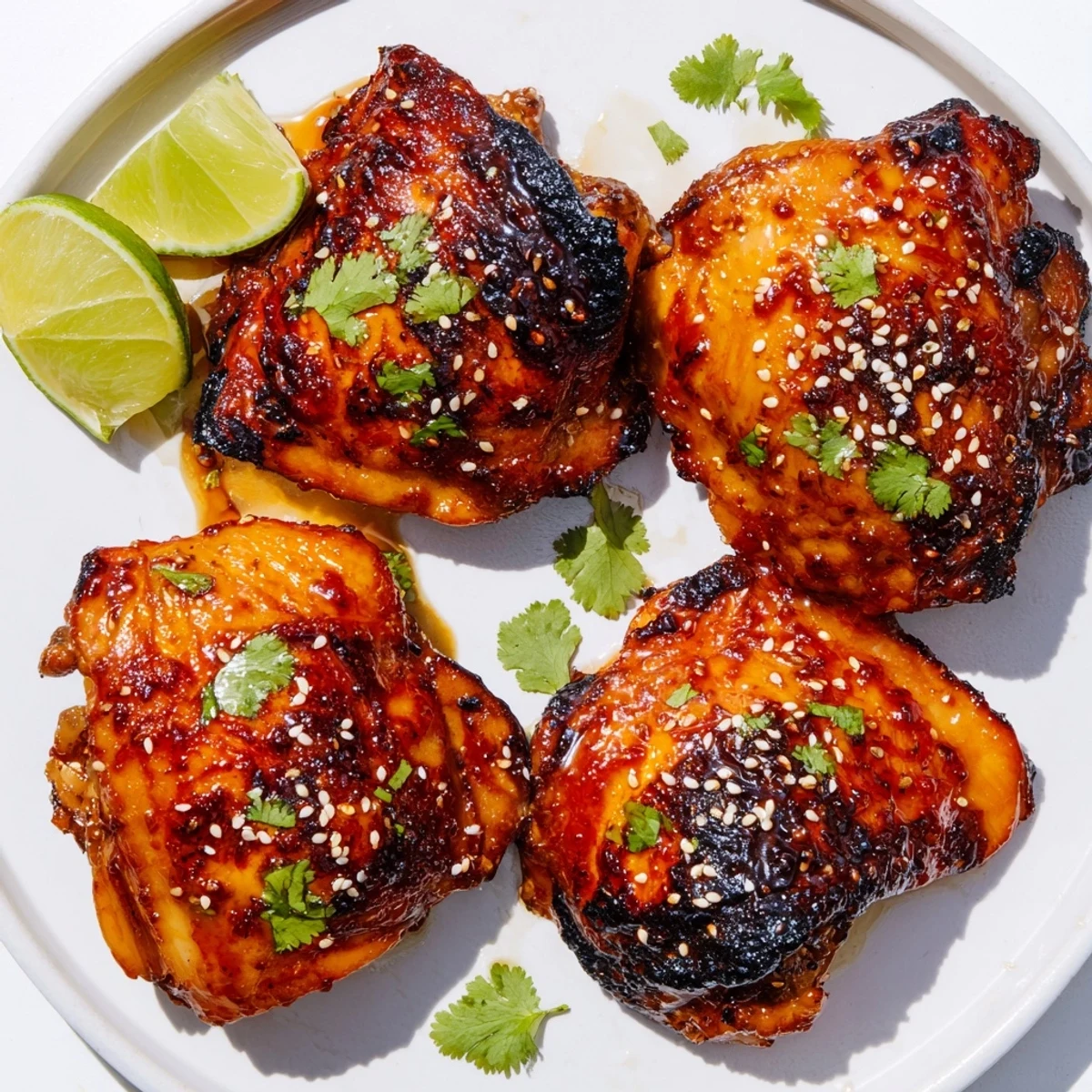 Crispy sweet chili air fryer chicken thighs glistening with sticky glaze on a white plate