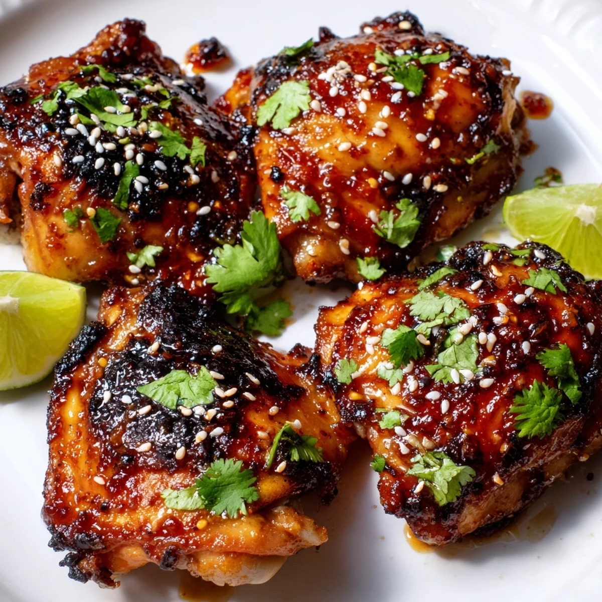 Juicy sweet chili air fryer chicken thighs with caramelized skin served alongside lime wedges