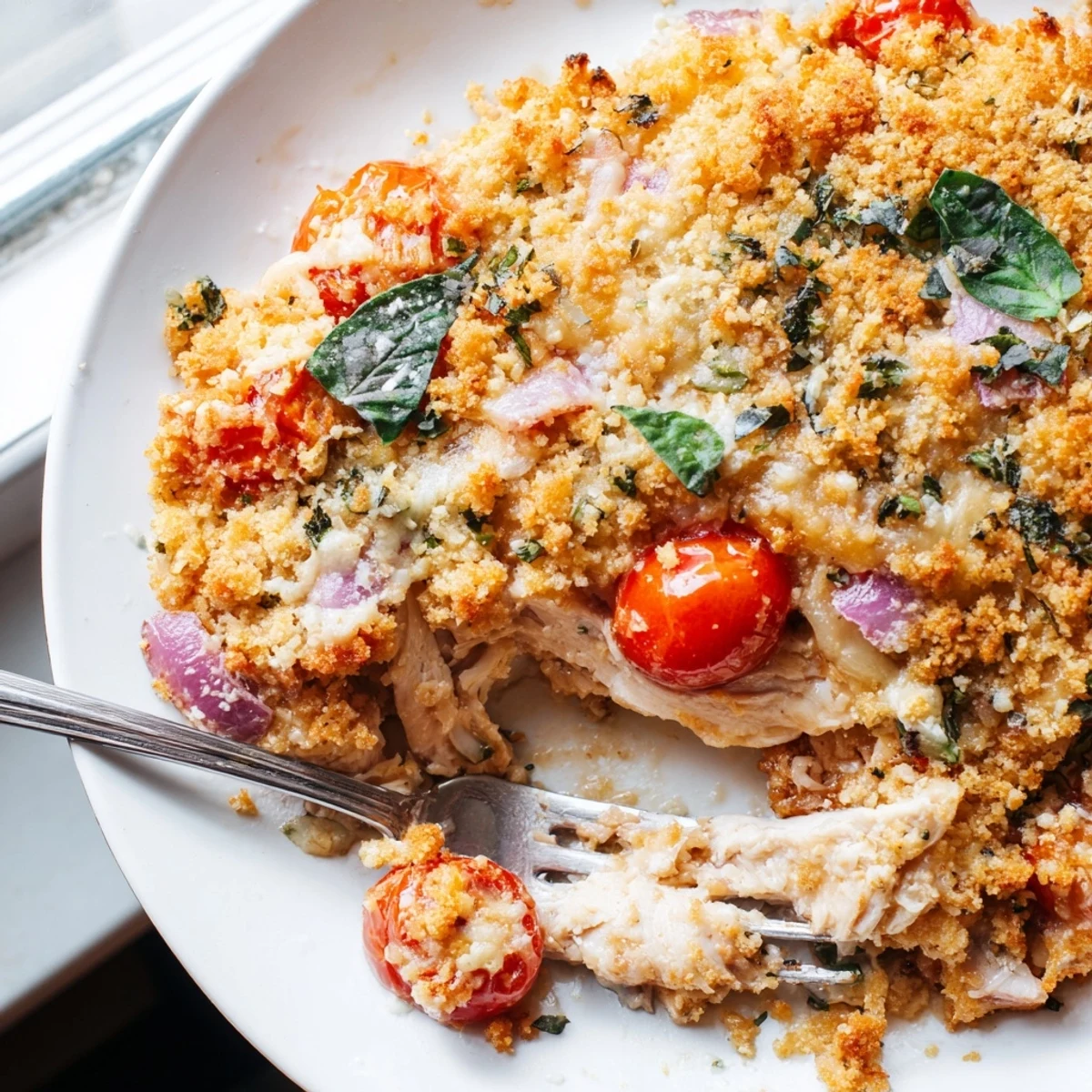Baked chicken bruschetta casserole with vibrant tomatoes herbs and a crunchy golden Parmesan crust
