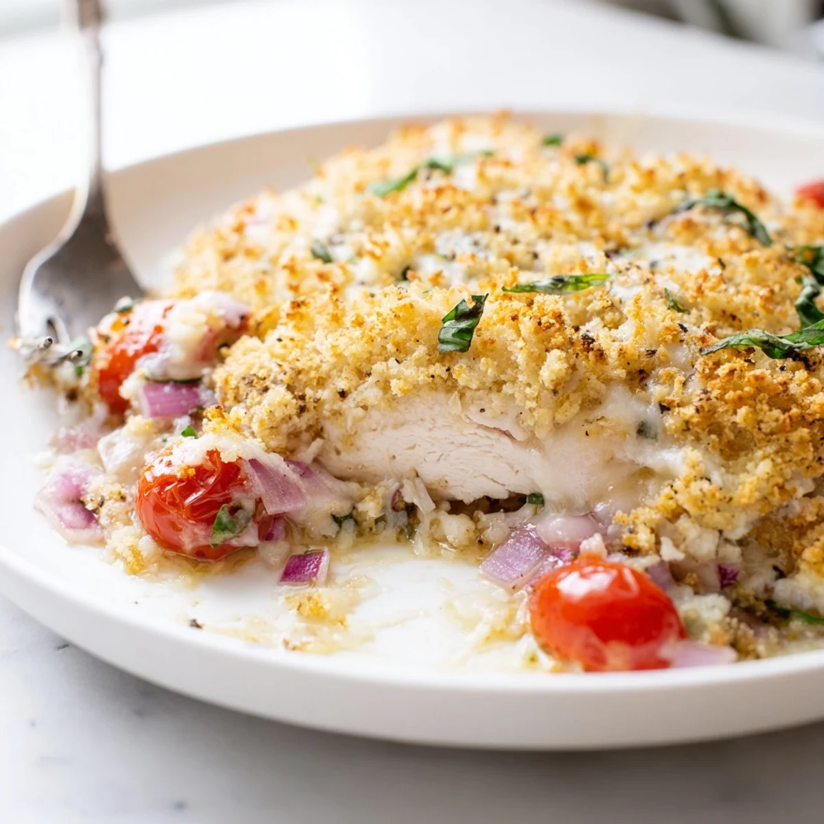 Golden chicken bruschetta casserole fresh from the oven with bubbling mozzarella and tomato topping