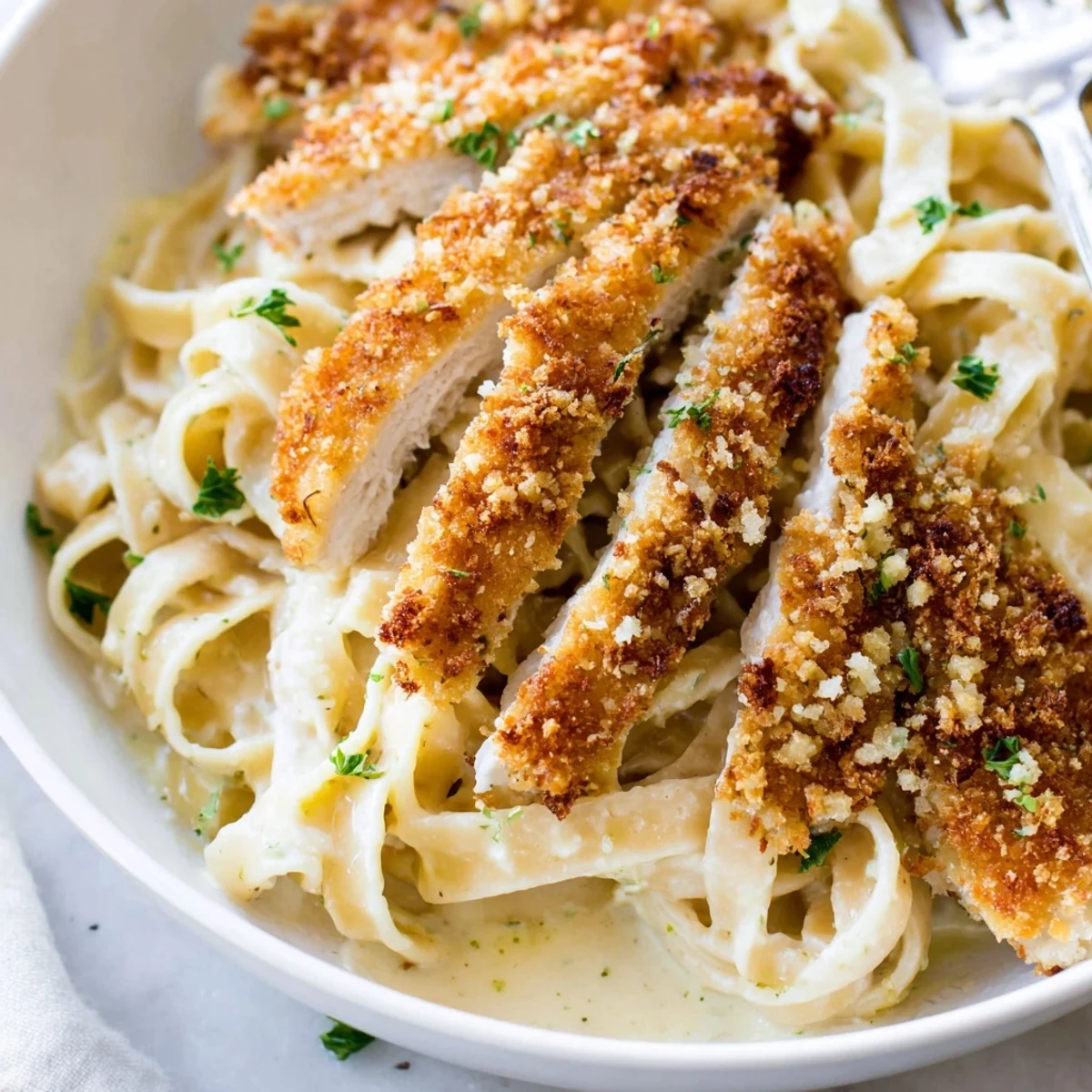 Creamy crispy chicken alfredo with golden cutlets served over tender fettuccine noodles