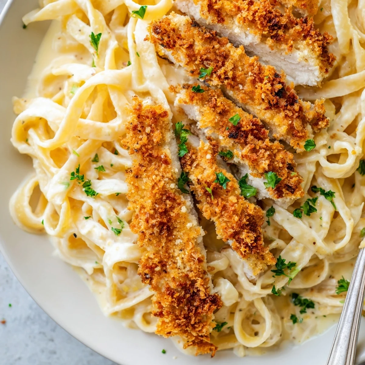 Golden breaded crispy chicken alfredo topped with shaved Parmesan on a white plate