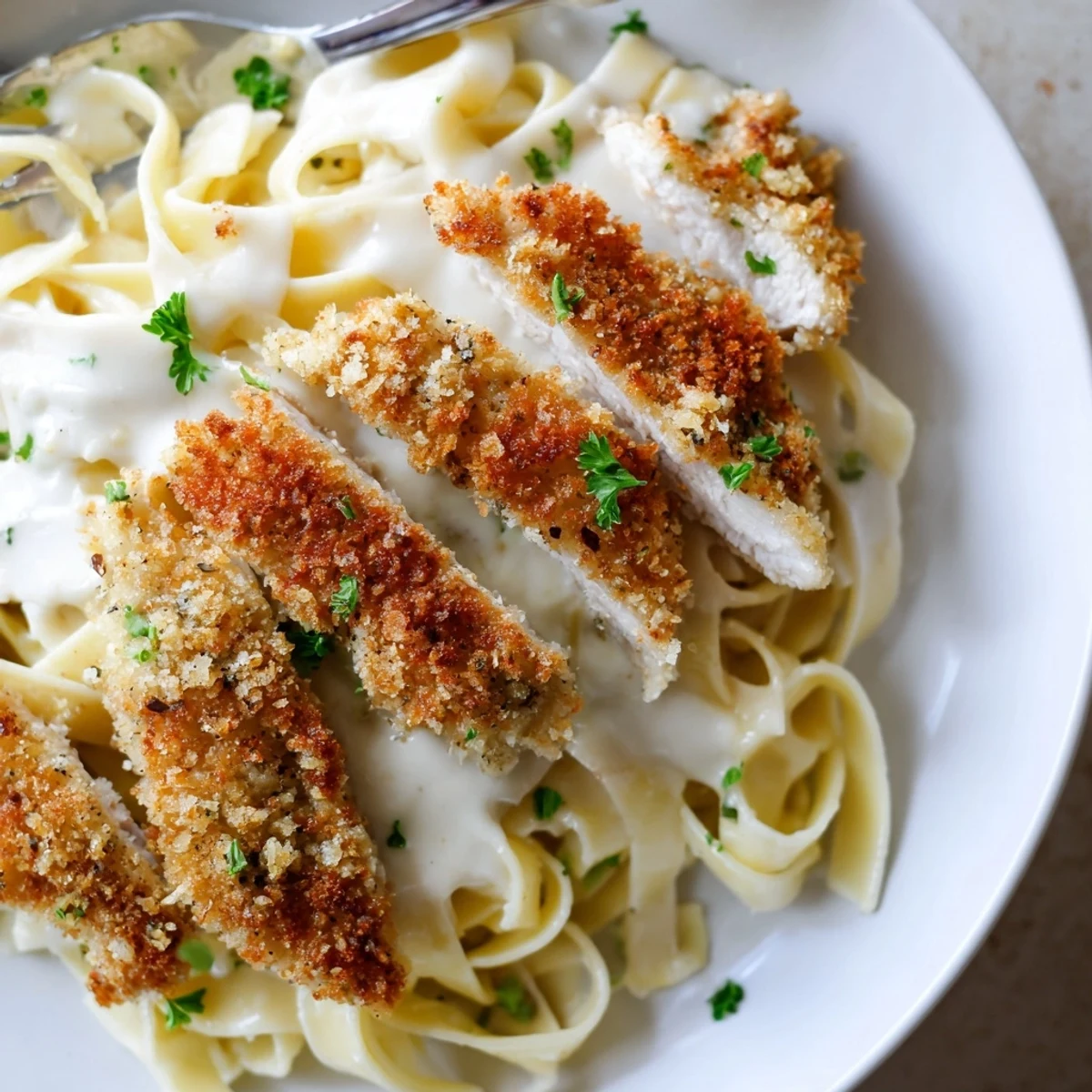 Crispy chicken alfredo in rich Parmesan cream sauce garnished with fresh parsley
