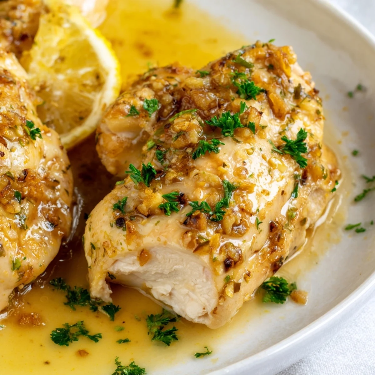 Golden garlic butter baked chicken breast glistening in a rustic baking dish