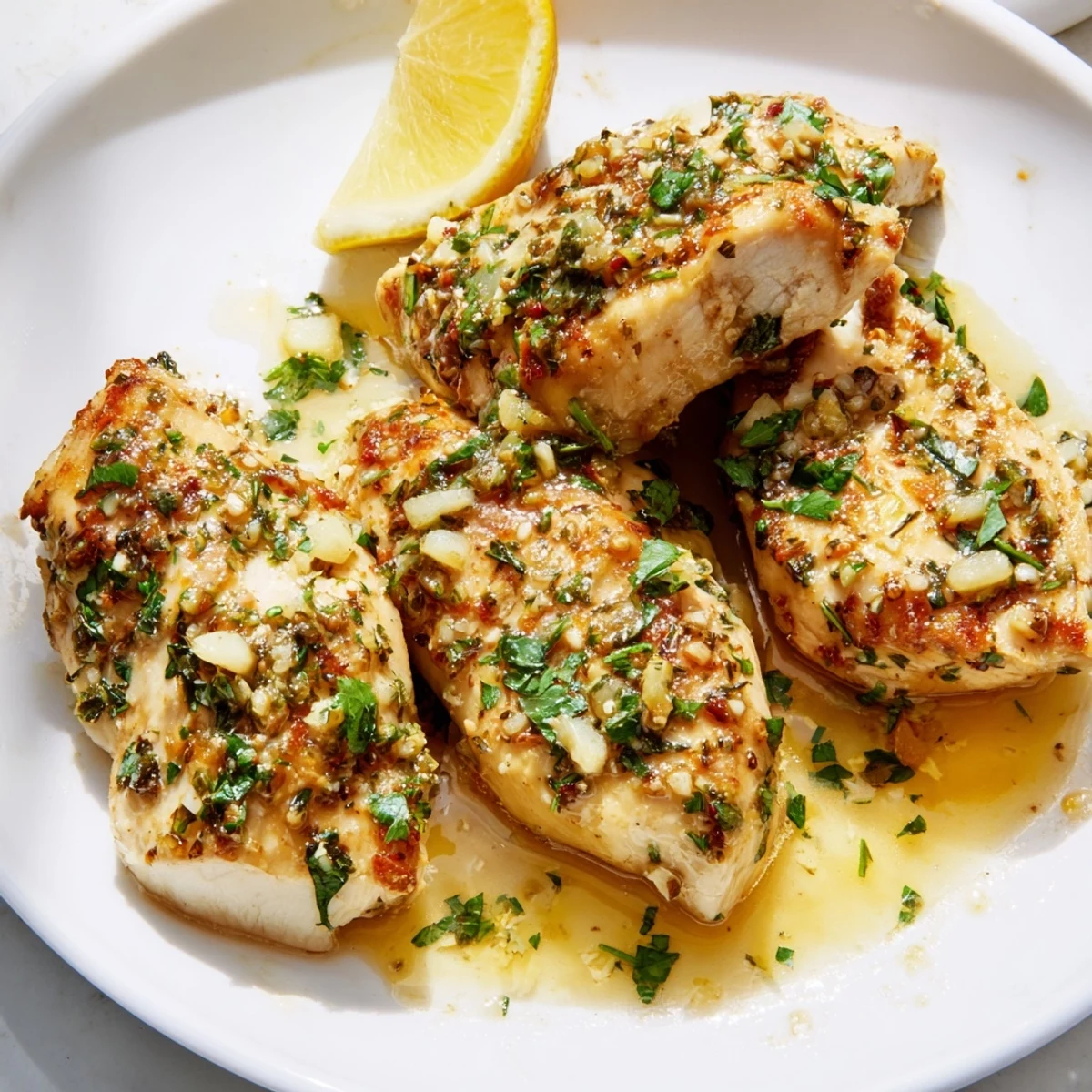 Tender garlic butter baked chicken breast drizzled with rich sauce and lemon wedges
