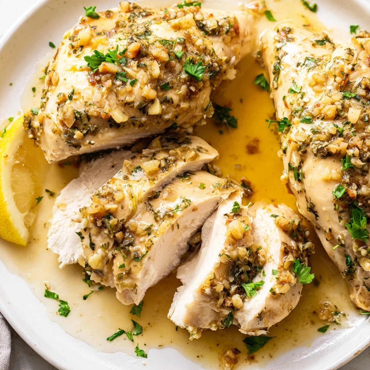Juicy garlic butter baked chicken breast sliced open with fresh parsley garnish