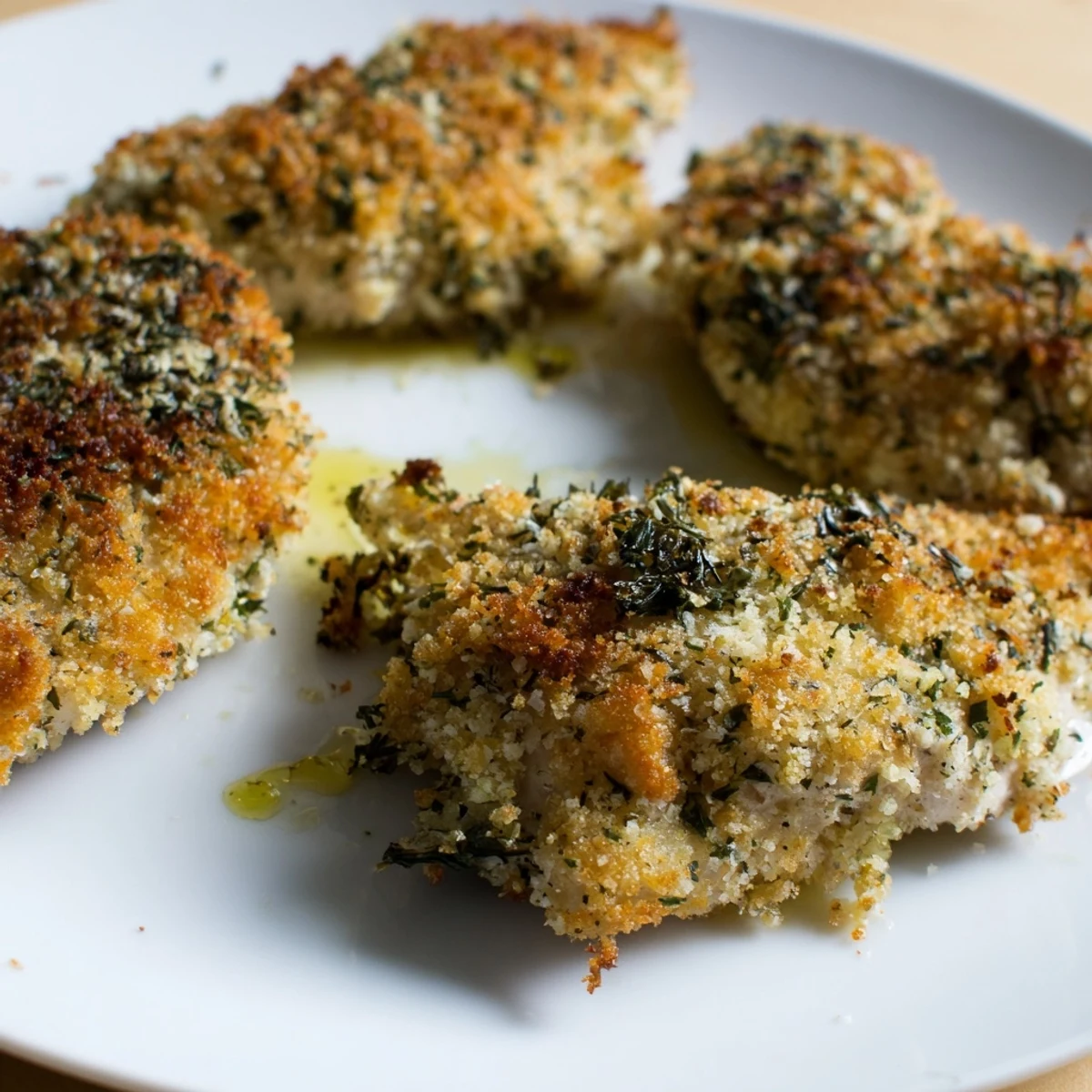Golden baked Savory Herbed Parmesan Chicken with a crispy herb-crusted coating on a rustic baking sheet.
