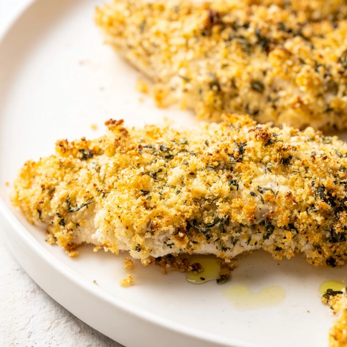 Juicy Savory Herbed Parmesan Chicken sliced open, revealing tender meat beneath a crunchy golden Parmesan crust.