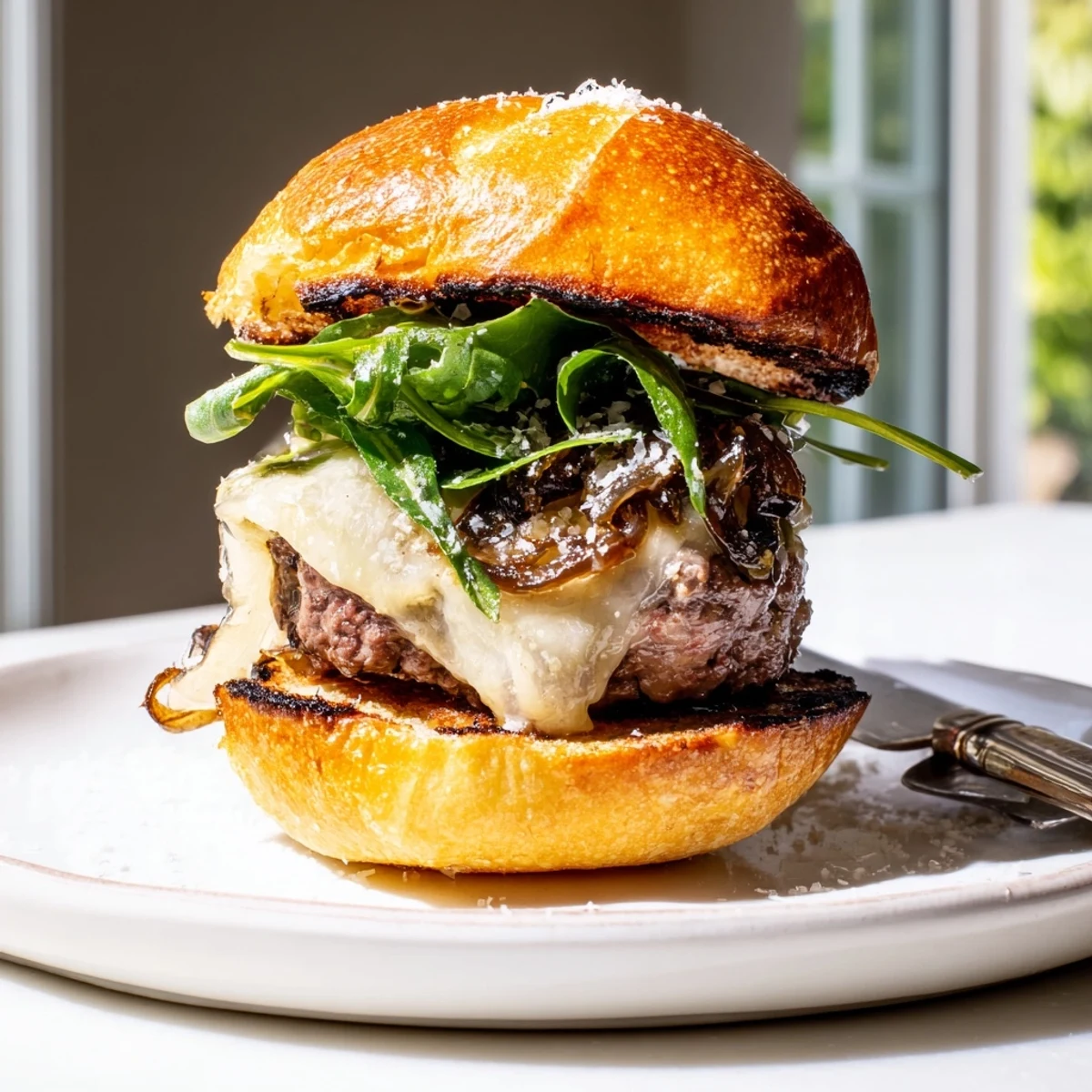 Tender filet mignon sliders nestled in warm garlic parmesan rolls with caramelized onions and arugula
