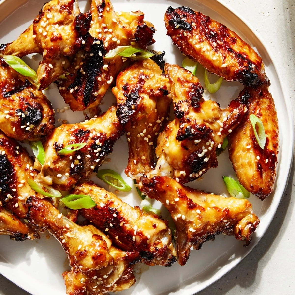 Juicy miso honey marinated chicken wings arranged on a platter with glossy caramelized skin