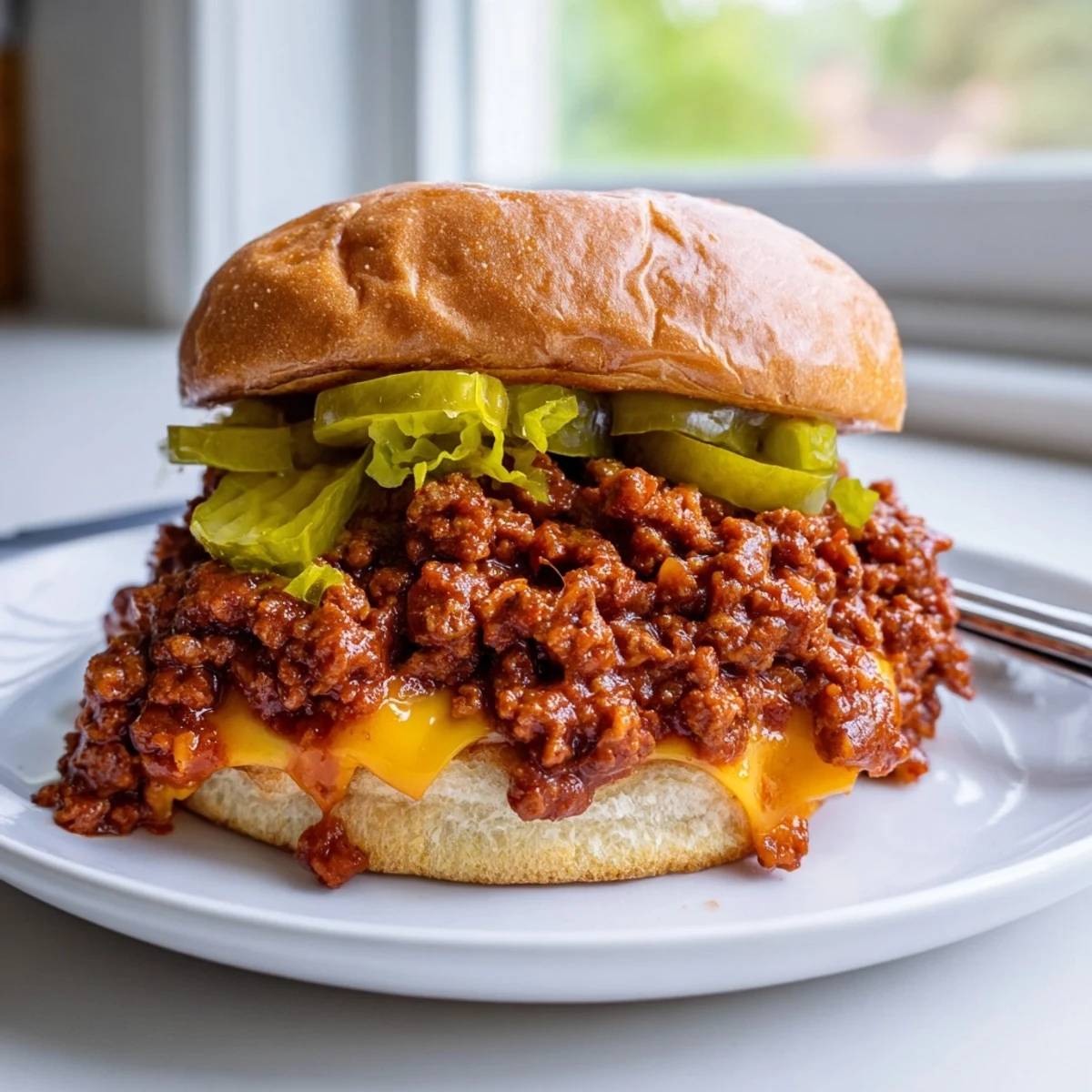 Smash Burger Sloppy Joes topped with pickles and gooey cheese on a soft bun