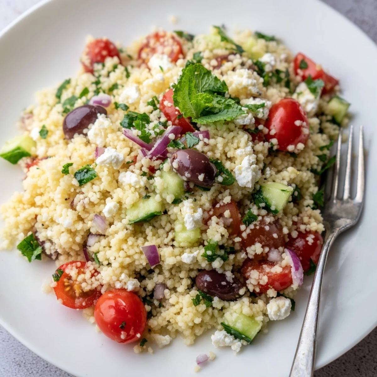 A bright bowl of Mediterranean couscous salad drizzled with glossy hot honey lemon vinaigrette and topped with crumbled feta cheese.