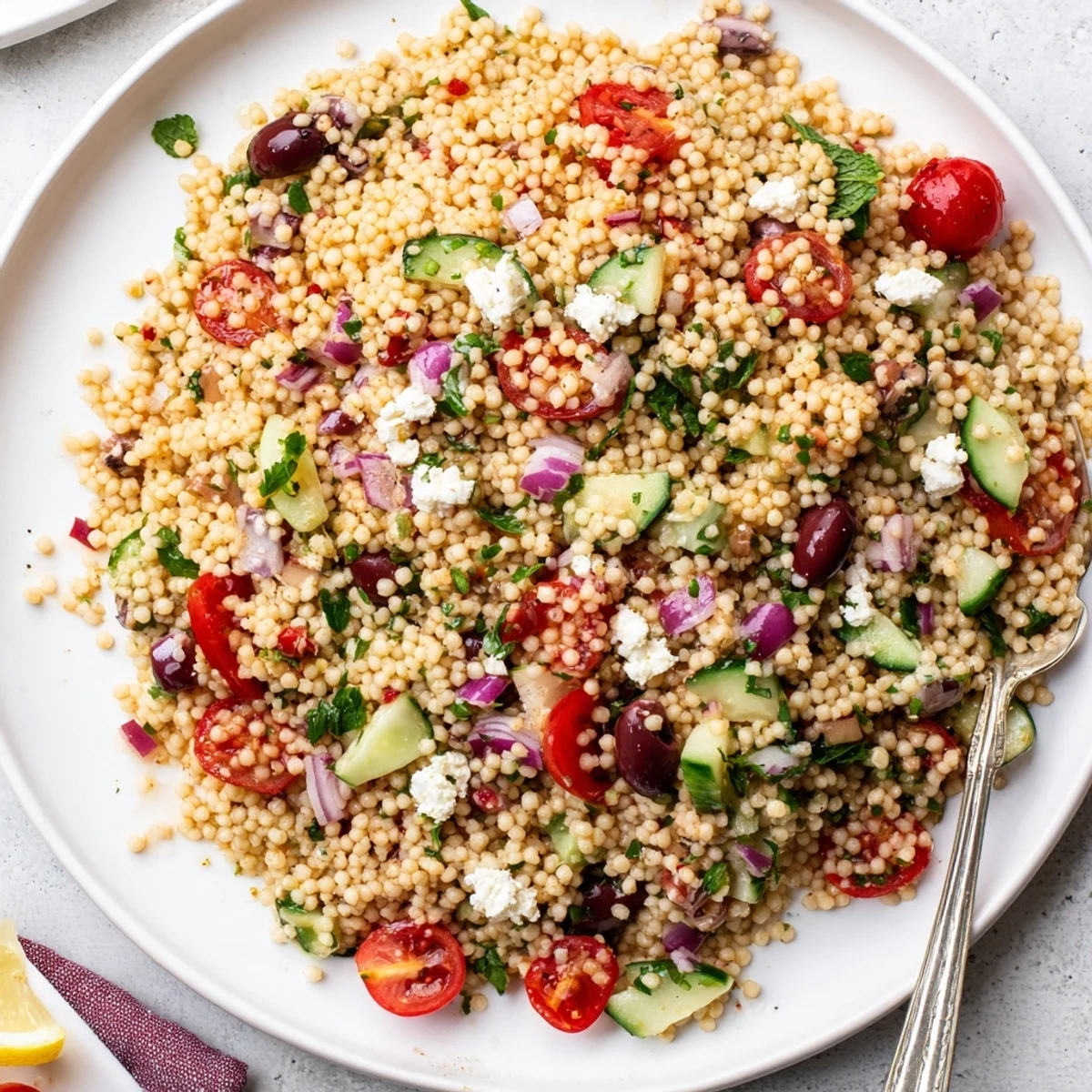 Fluffy couscous tossed with cherry tomatoes, cucumbers, and Kalamata olives in a tangy sweet-and-spicy hot honey lemon vinaigrette.