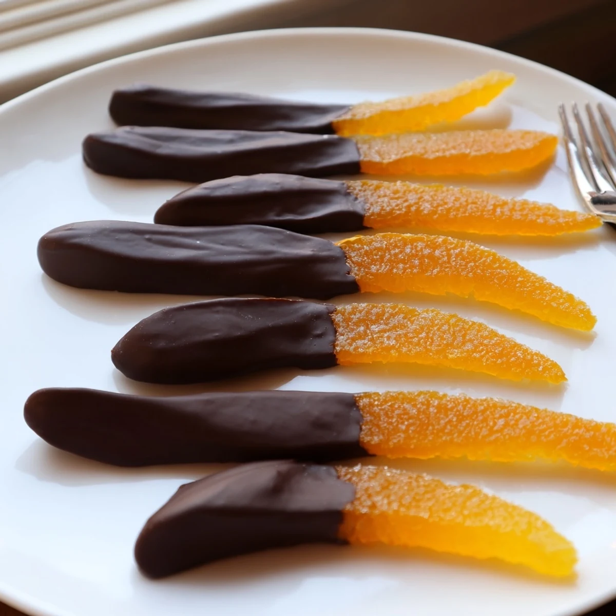 Glistening candied chocolate covered orange peels arranged on parchment paper