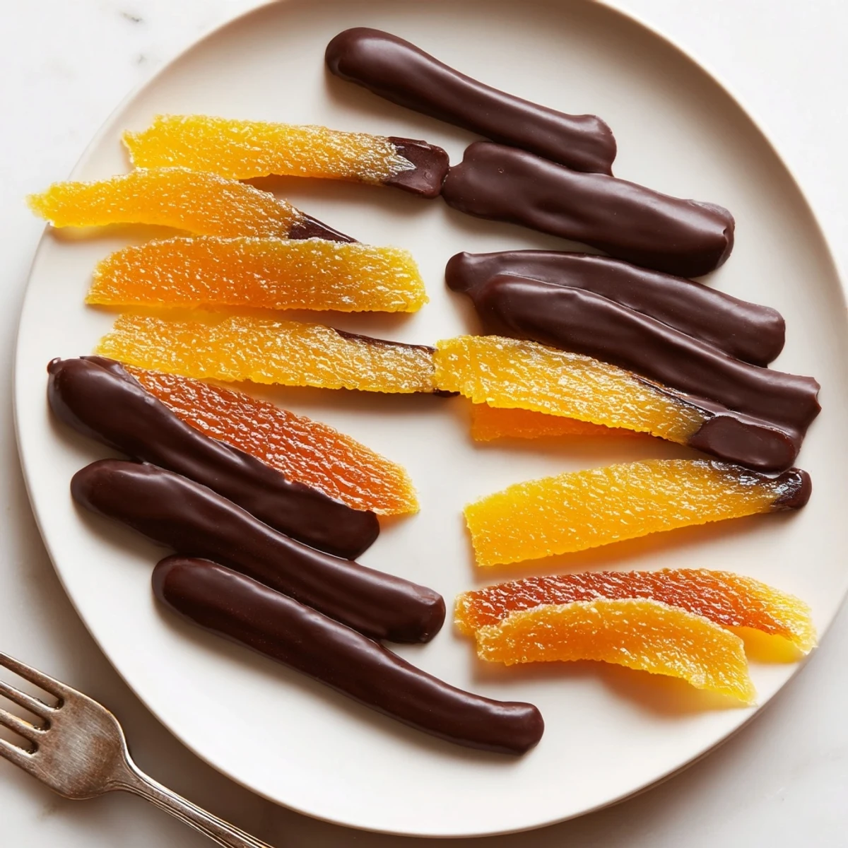 Velvety chocolate covered orange peels draped over a rustic wire rack