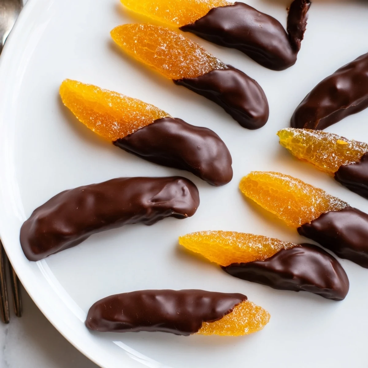 Rich dark chocolate dipped orange peels with sparkling sugar coating