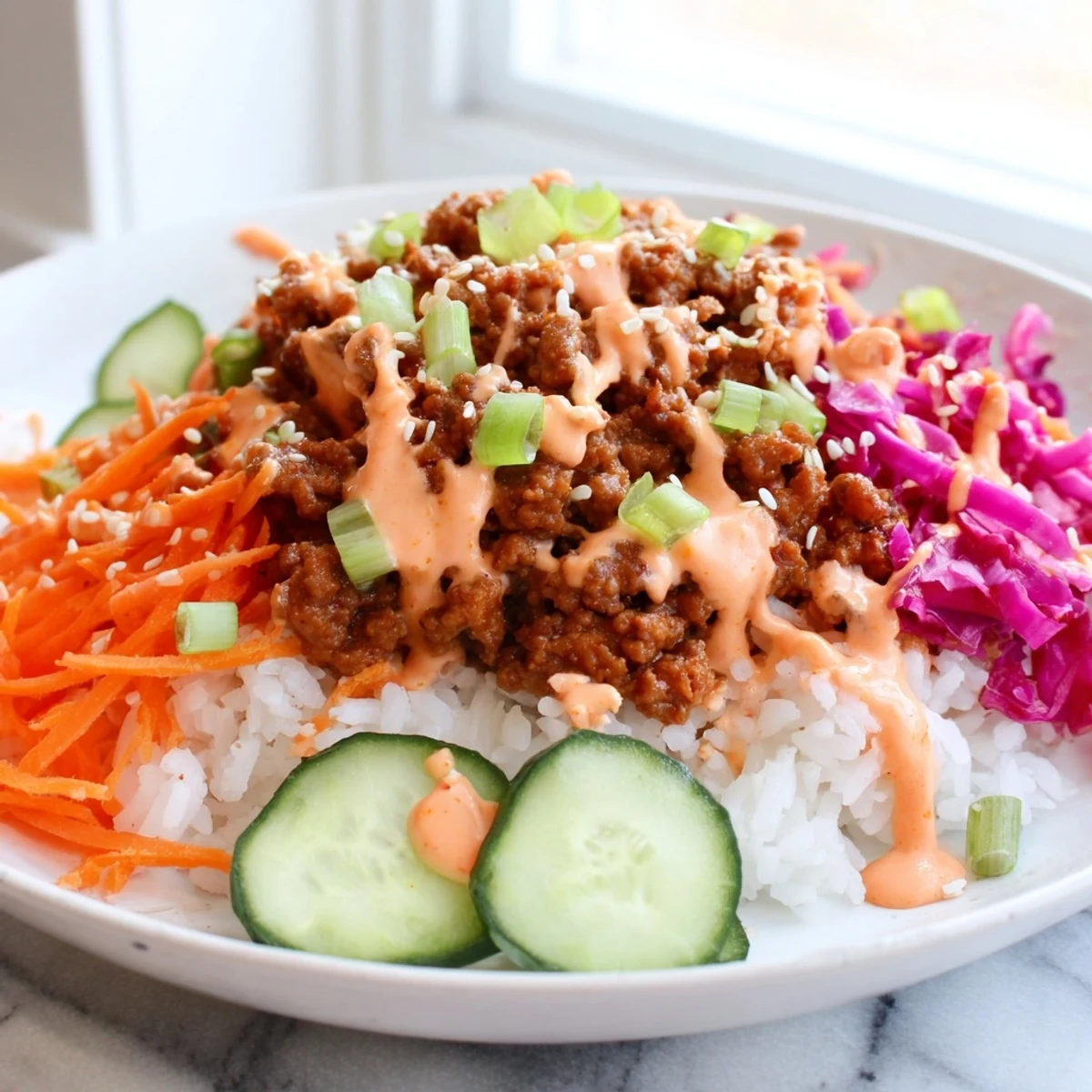 Ground Turkey Rice Bowls topped with vibrant veggies and creamy Bang Bang Sauce