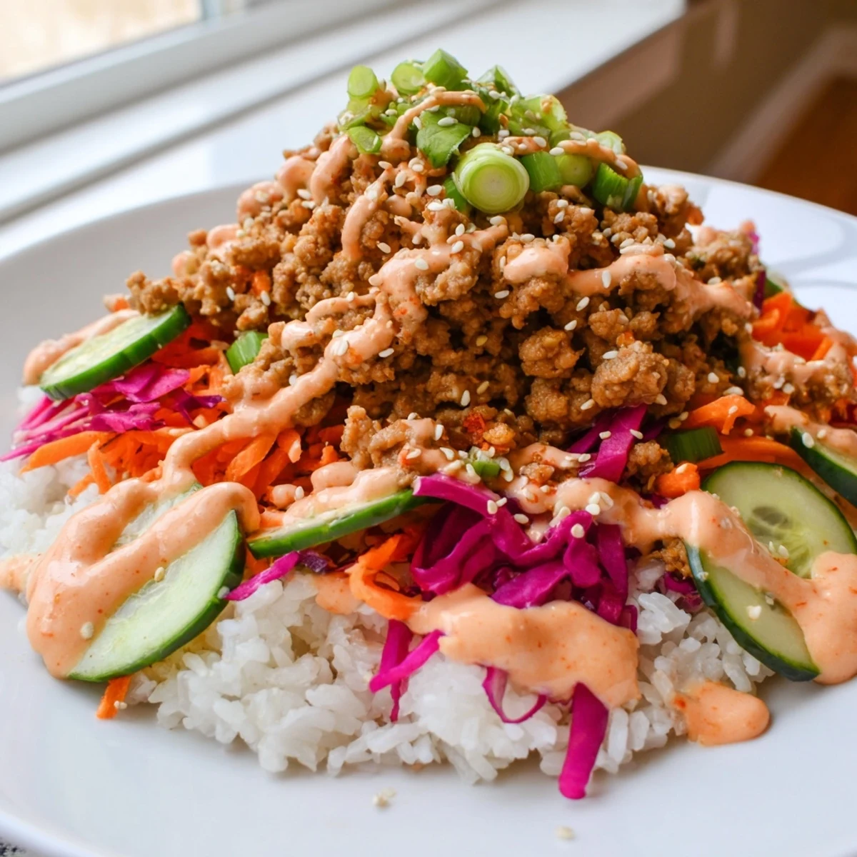 Steaming jasmine rice layered with seasoned ground turkey and drizzled spicy Bang Bang Sauce