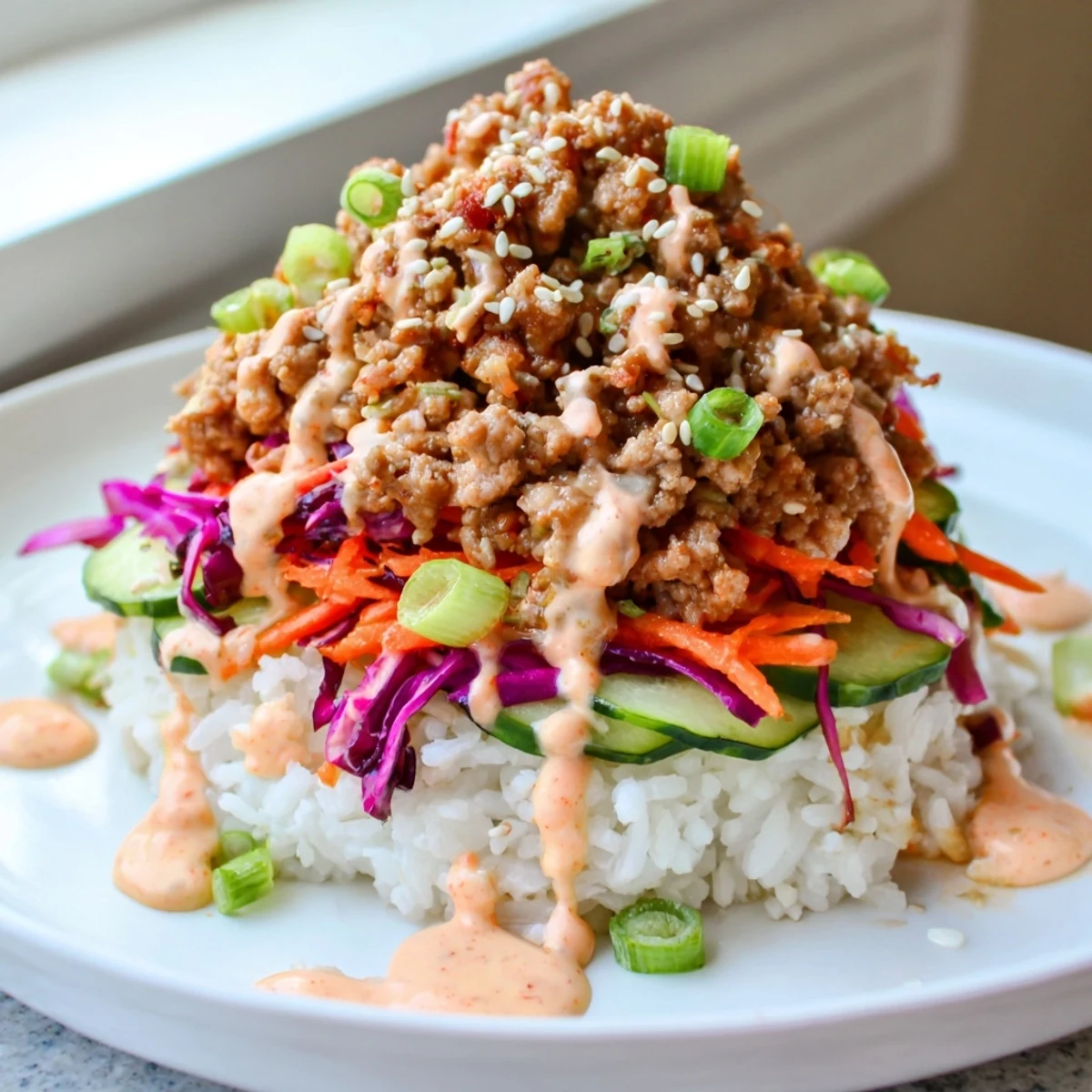 Colorful Ground Turkey Rice Bowls glistening with sweet and spicy Bang Bang Sauce
