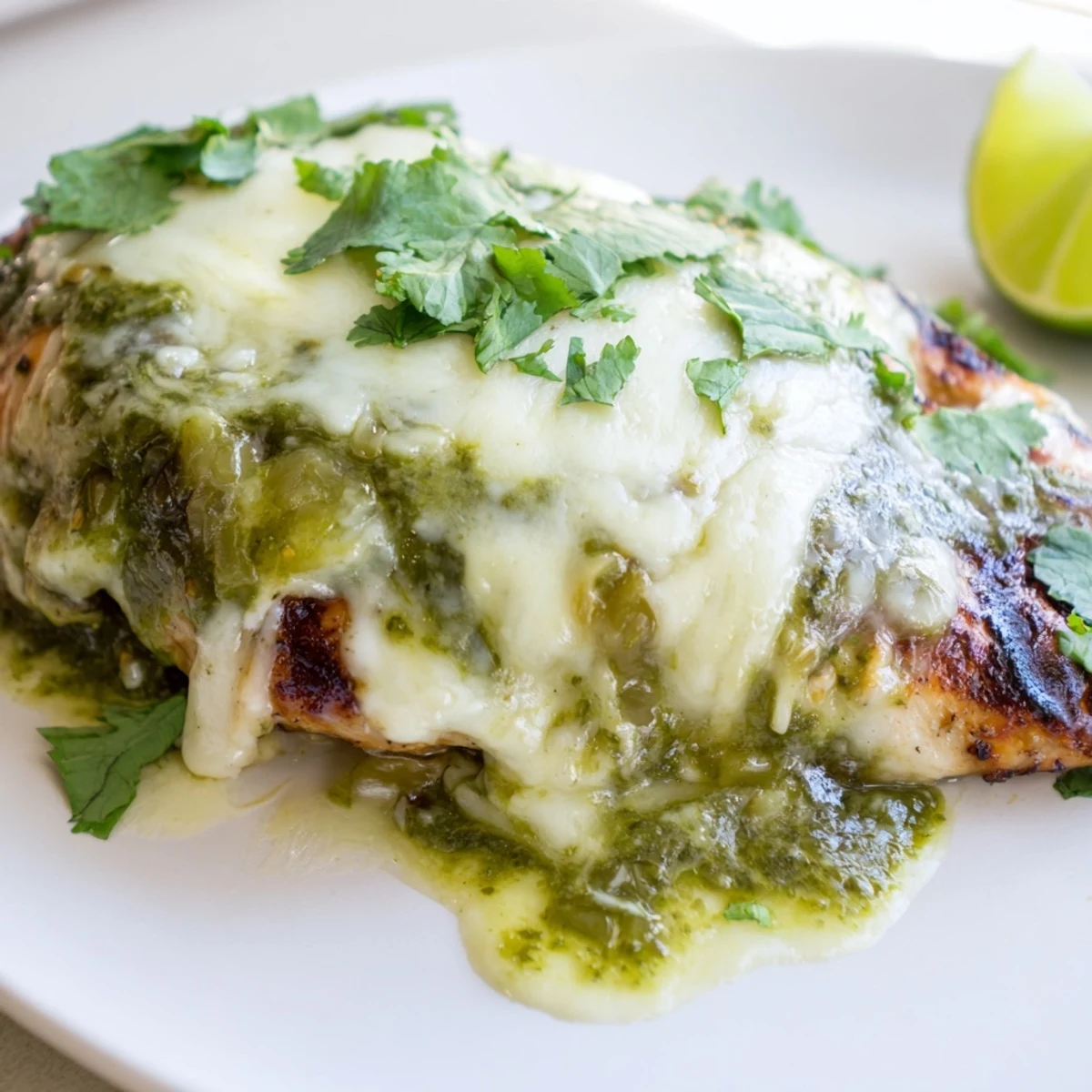 Melty Pepper Jack cheese tops grilled chicken smothered in vibrant salsa verde on a rustic platter