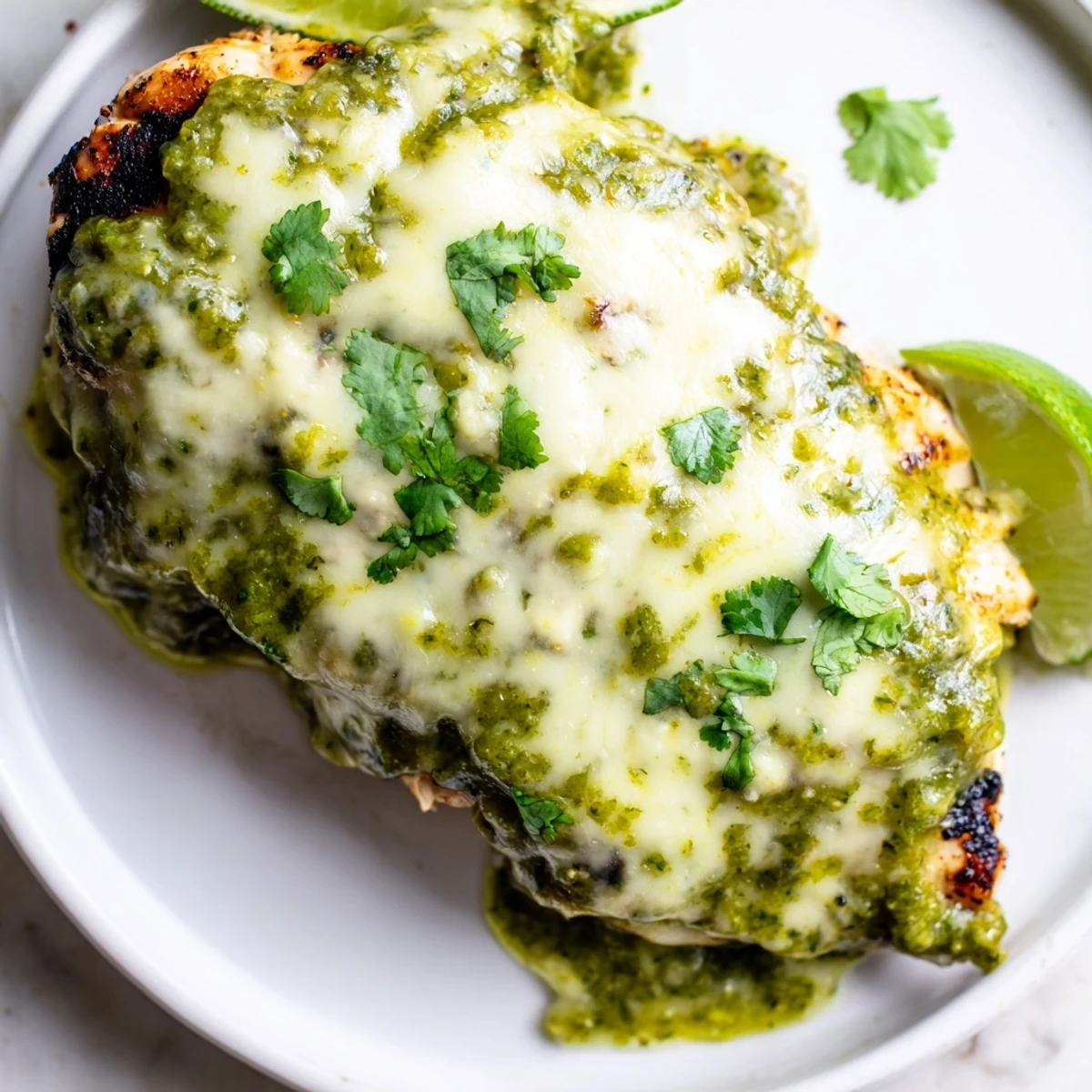 Golden grilled chicken with bubbling Pepper Jack cheese and bright salsa verde garnished with cilantro