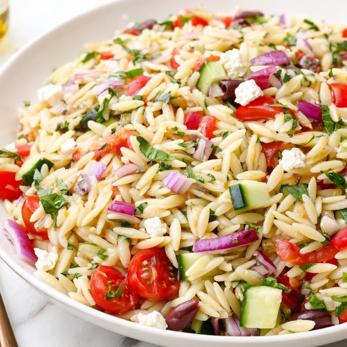 Juicy Mediterranean orzo pasta salad loaded with colorful diced vegetables and tossed in a zesty lemon vinaigrette