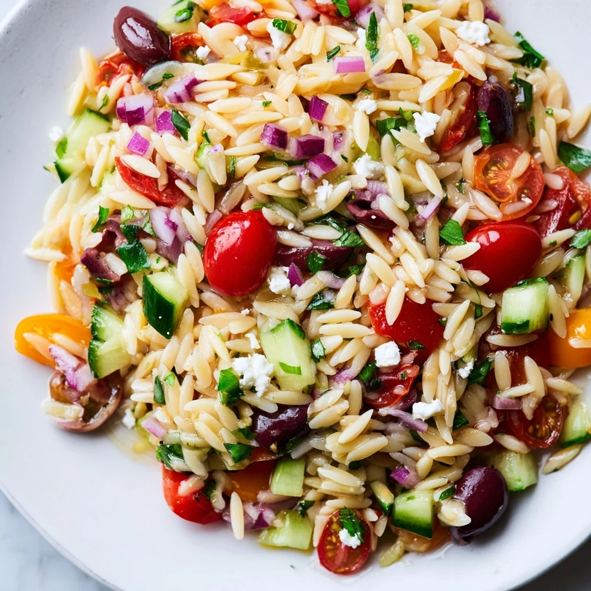 Juicy Mediterranean orzo pasta salad served chilled on a rustic summer table beside ripe cherry tomatoes and olives