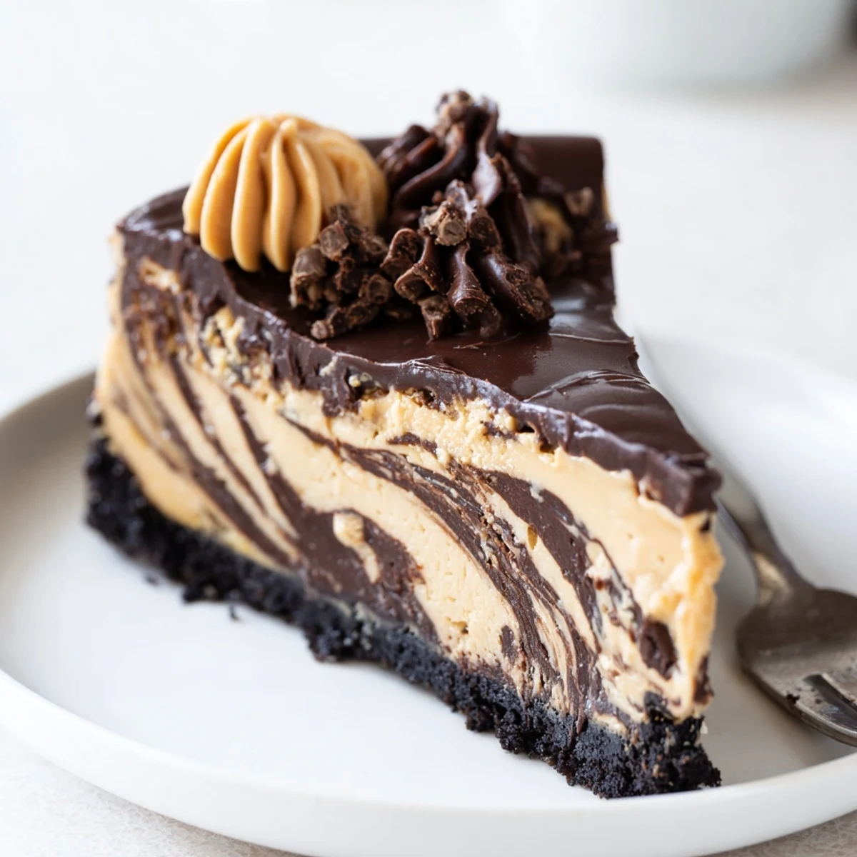 Creamy chocolate peanut butter cheesecake sliced tall with glossy dark ganache dripping down each serving