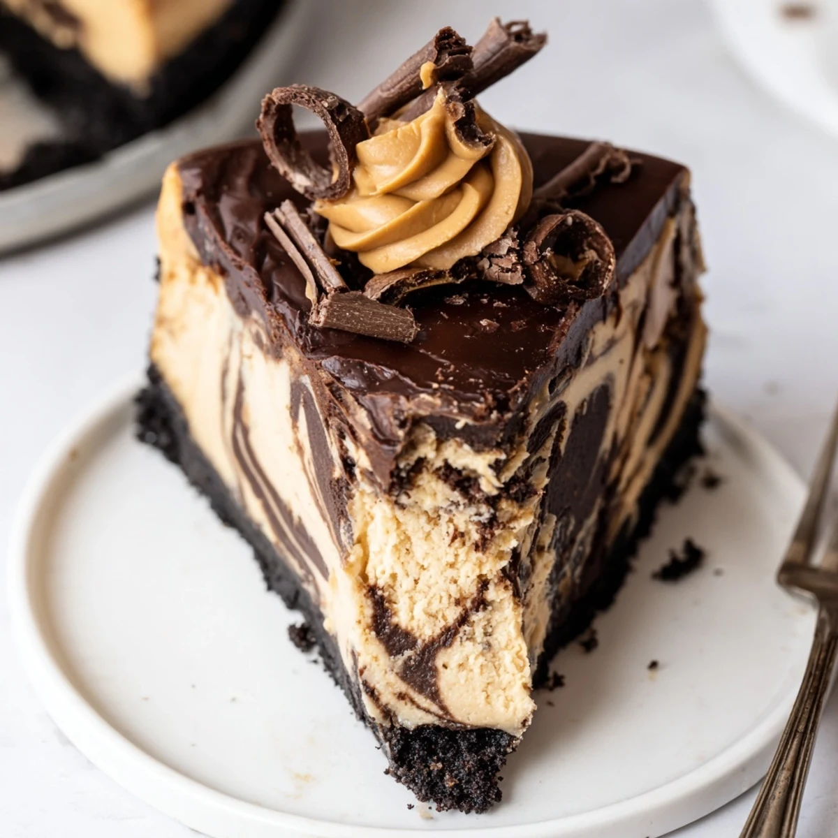 Rich chocolate peanut butter cheesecake swirled with velvety peanut butter filling on a crunchy cookie crust