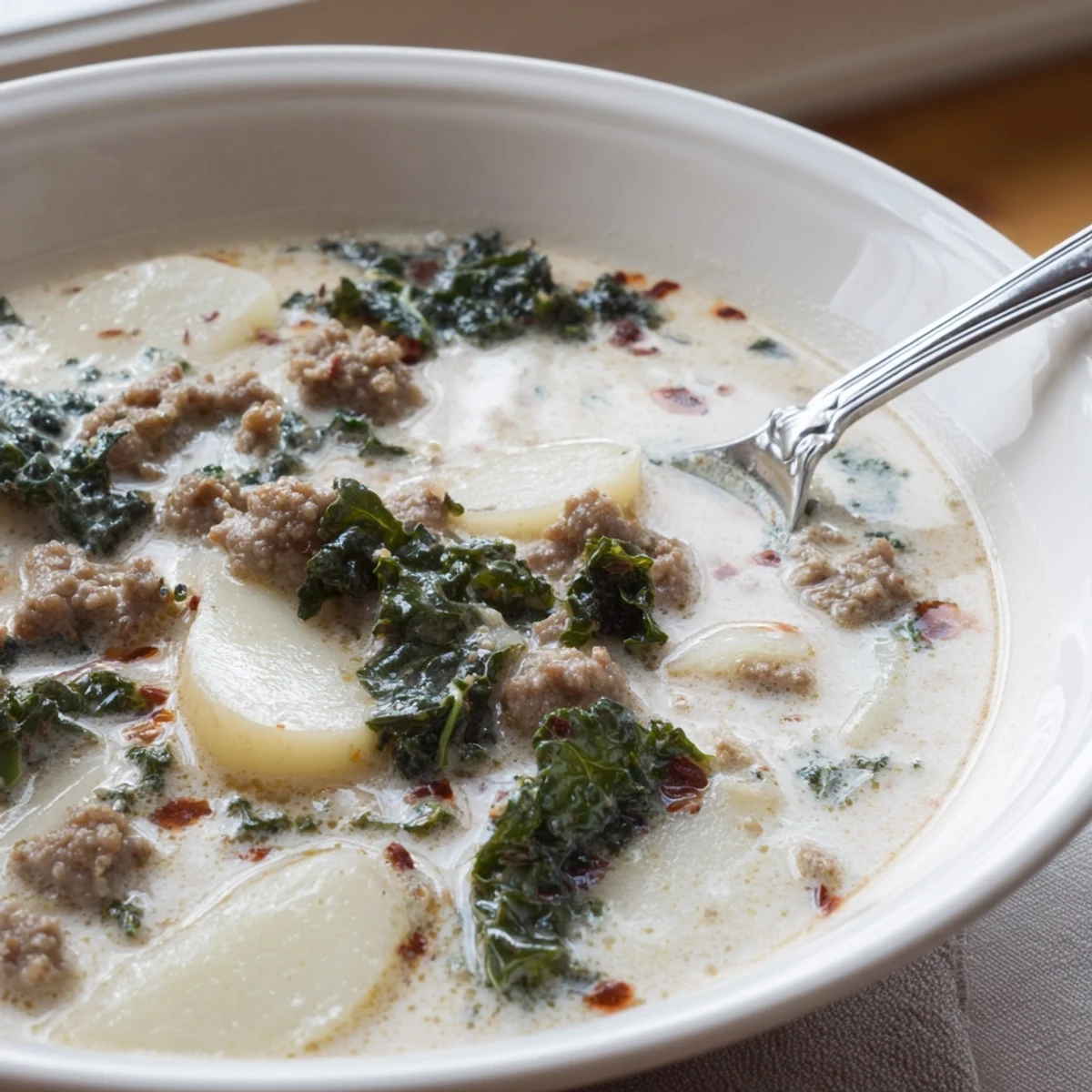 Creamy Zuppa Toscana soup with crumbled sausage, tender potatoes, and fresh kale